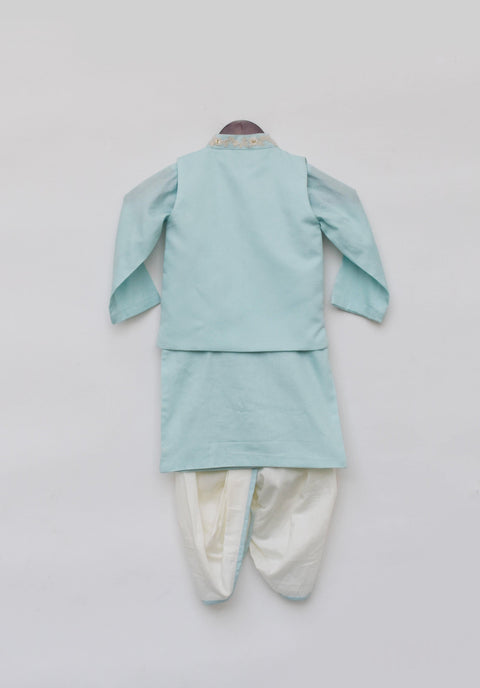 Pre-Order: Off-White Thread Embroidery Jacket and Blue Kurta Dhoti