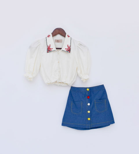 Pre Order: Off-White Top with Denim Skirt