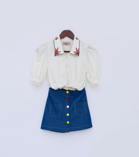 Pre Order: Off-White Top with Denim Skirt