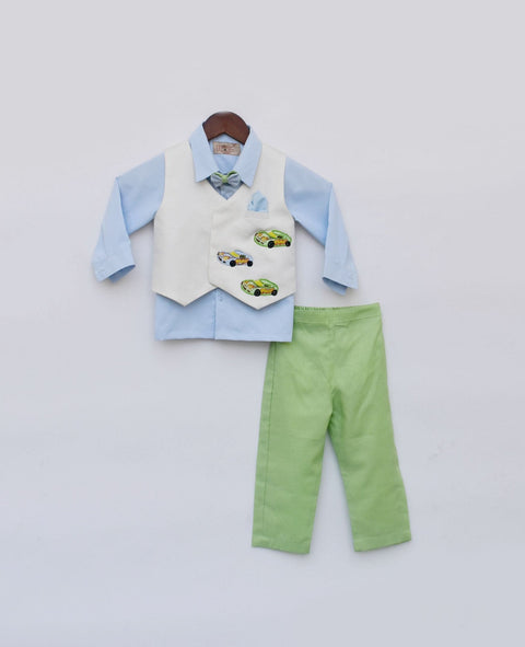 Pre Order: Off-White Waist Coat and Blue Shirt Green Pant
