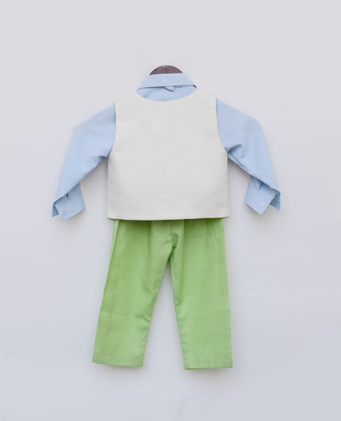 Pre Order: Off-White Waist Coat and Blue Shirt Green Pant