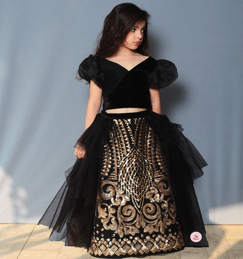 Pre-Order: Black Stylish Ghagra Choli with Gold Embroidery