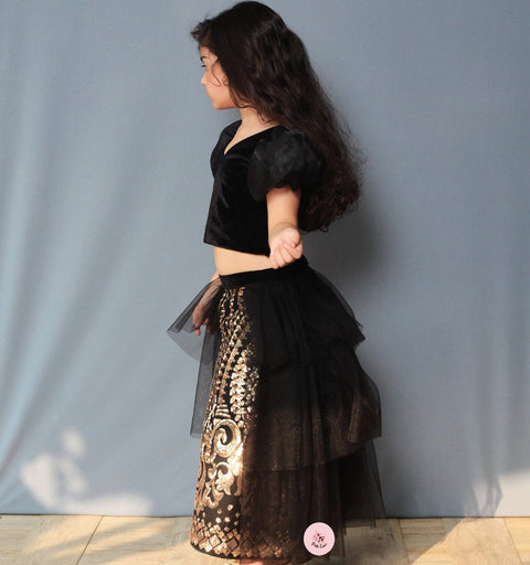 Pre-Order: Black Stylish Ghagra Choli with Gold Embroidery