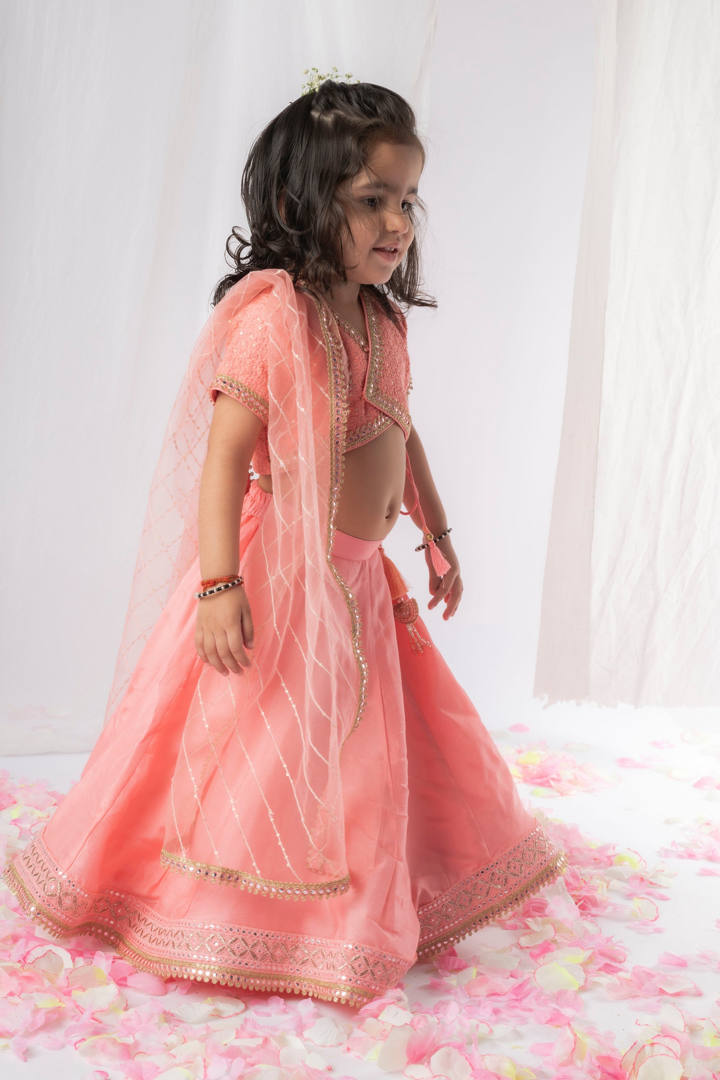 PreOrder Peach Chikankari Ghaghra Set Peony Kids Couture