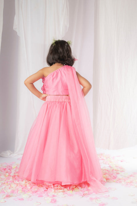 Pre-Order: Pink 3D flower Lehenga set