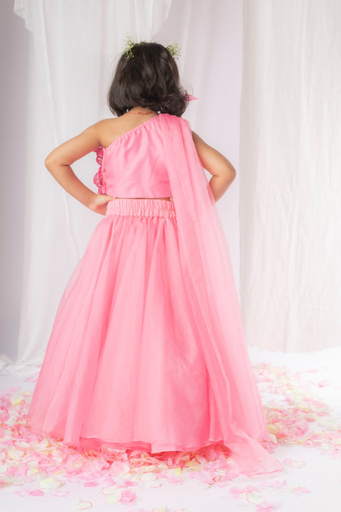 Pre-Order: Pink 3D flower Drape Dupatta Ghaghra Set