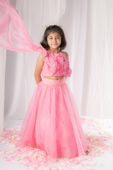 Pre-Order: Pink 3D flower Drape Dupatta Ghaghra Set