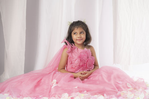 Pre-Order: Pink 3D flower Drape Dupatta Ghaghra Set