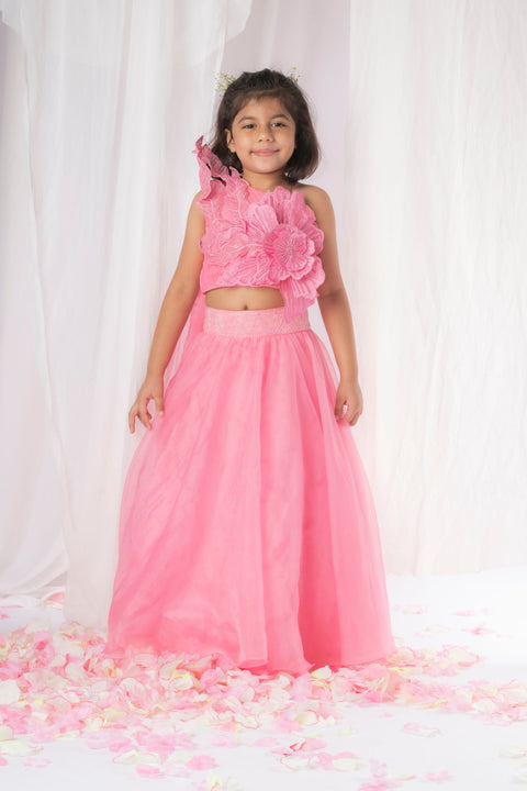 Pre-Order: Pink 3D flower Drape Dupatta Ghaghra Set