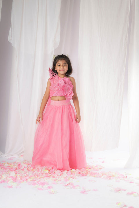 Pre-Order: Pink 3D flower Lehenga set