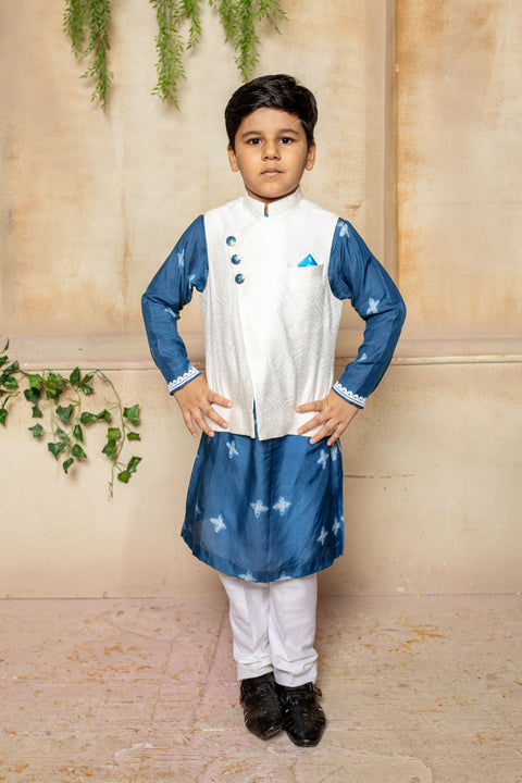 Pre-Order: Blue Shibori Kurta with White Bandi and Pant