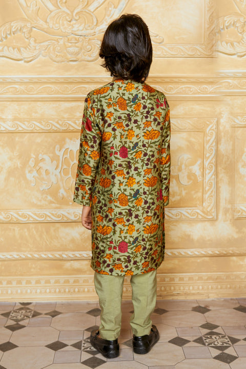 Pre-Order: Green Floral Printed Kurta Mustard Bandi Pants