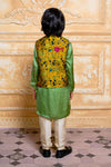 Pre-Order: Green Plain Cotton Satin Kurta Mustard Small Floral Print Bandi and Pant