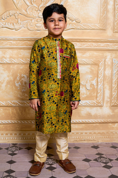 Pre-Order: Mustard Small Flower Print Kurta with Gota and Pant