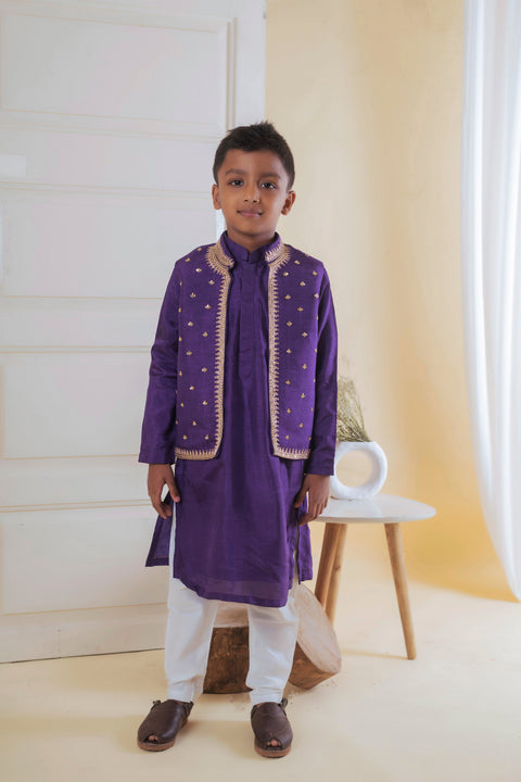 Pre-Order: Purple Butta Embroidered Nehru and Kurta Set