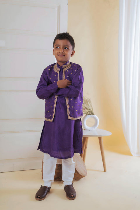 Pre-Order: Purple Butta Embroidered Nehru and Kurta Set