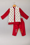 Pre-Order: Red Kurta Pyjama With White Embroidered Jacket