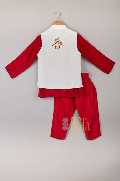 Pre-Order: Red Kurta Pyjama With White Embroidered Jacket