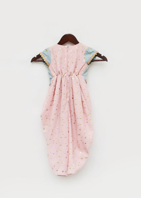 Pre-Order: Peach Foil Georgette Dhoti Jumpsuit with Blue Velvet Jacket