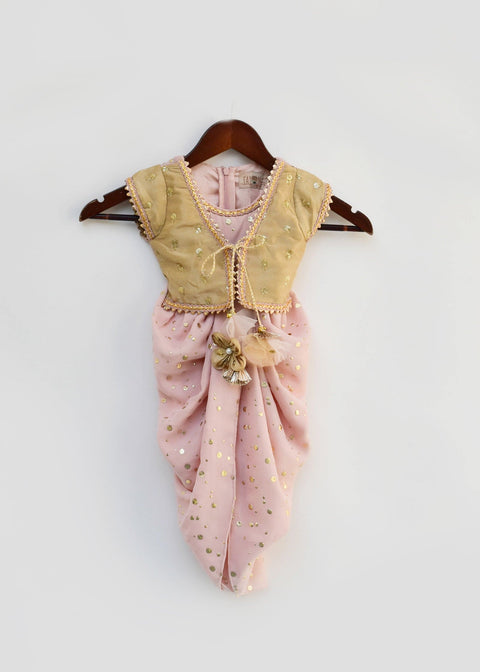 Pre-Order: Peach Foil Georgette Dhoti Jumpsuit with Blue Velvet Jacket