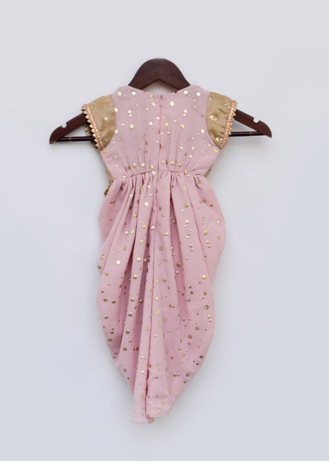 Pre-Order: Peach Foil Georgette Dhoti Jumpsuit with Golden Jacket