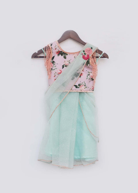 Pre-Order: Peach Printed Choli with Drape Saree