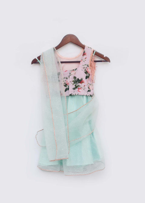 Pre-Order: Peach Printed Choli with Drape Saree