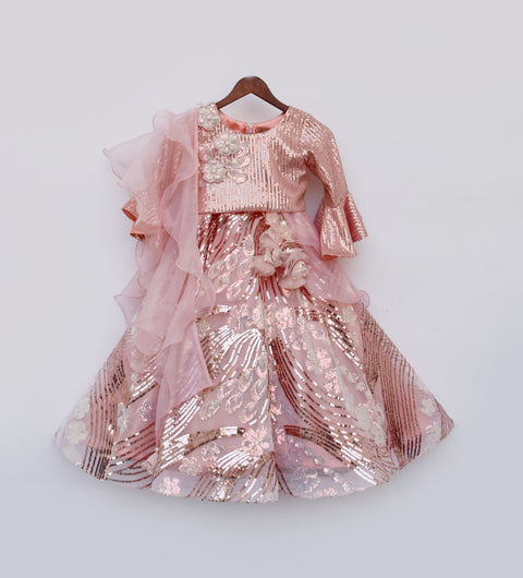 Pre Order: Peach Sequel Lehenga Choli and Organza Dupatta