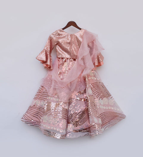 Pre Order: Peach Sequel Lehenga Choli and Organza Dupatta