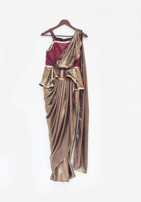 Pre-order: Peach Sequins and Shimmer Drape Saree