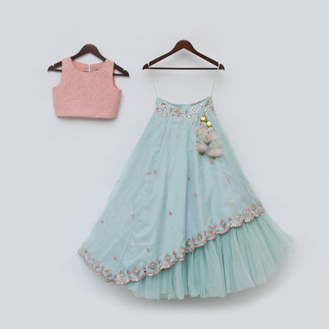 Pre-Order: Peach and Blue Mirror Embroidery Lehenga