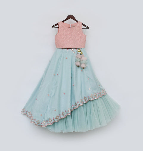 Pre-Order: Peach and Blue Mirror Embroidery Lehenga