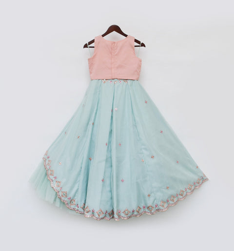 Pre-Order: Peach and Blue Mirror Embroidery Lehenga