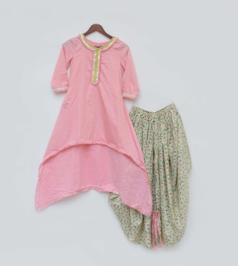 Pre-Order: Pink High Low Kurti with Printed Dhoti