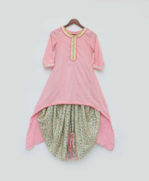 Pre-Order: Pink High Low Kurti with Printed Dhoti