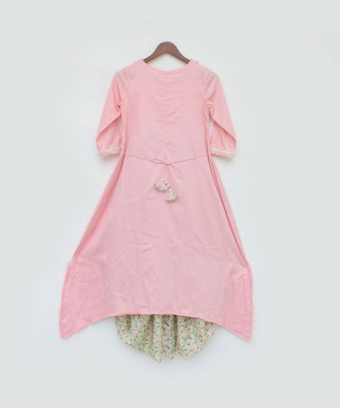 Pre-Order: Pink High Low Kurti with Printed Dhoti