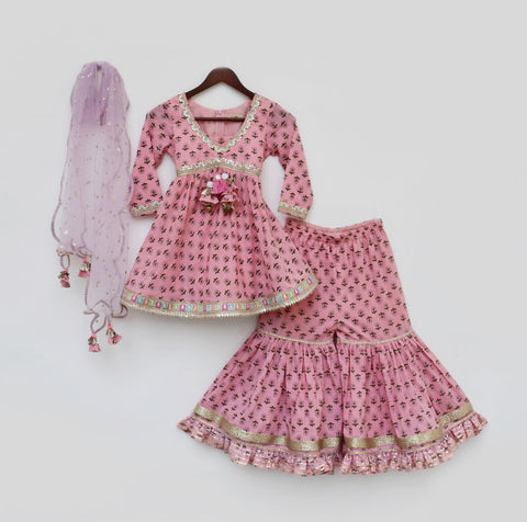 Pre Order: Pink Printed Kurti Sharara Set