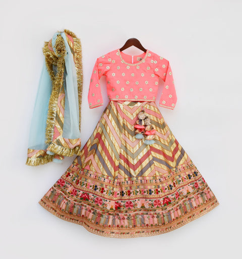 Pre Order: Pink Silk Flower Boti Choli with Embroidery Lehenga and Dupatta