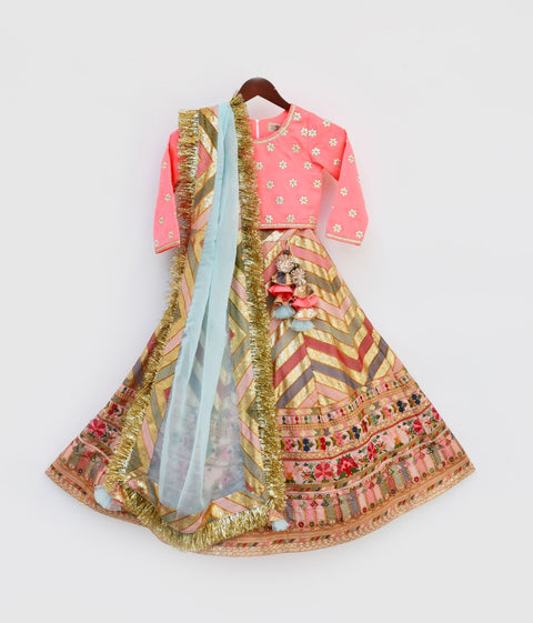 Pre Order: Pink Silk Flower Boti Choli with Embroidery Lehenga and Dupatta