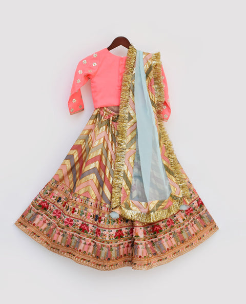 Pre Order: Pink Silk Flower Boti Choli with Embroidery Lehenga and Dupatta