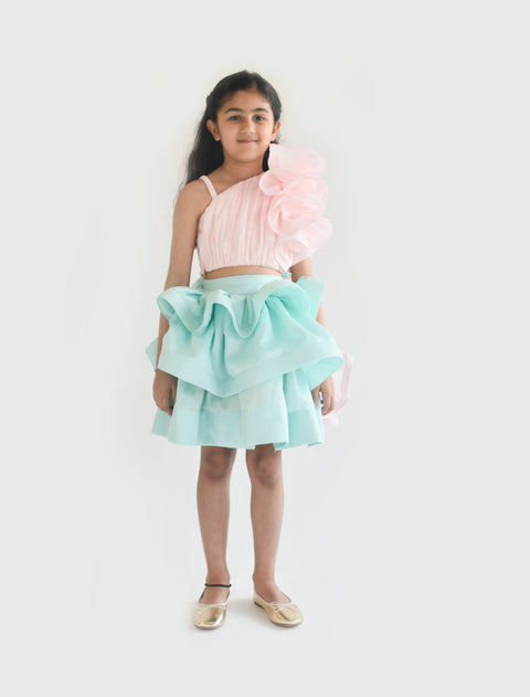 Pre Order: Pink Top and Aqua Blue Layers Skirt