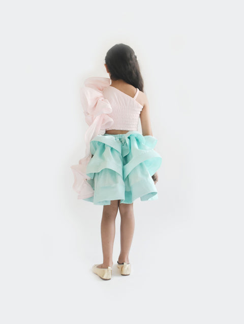 Pre Order: Pink Top and Aqua Blue Layers Skirt