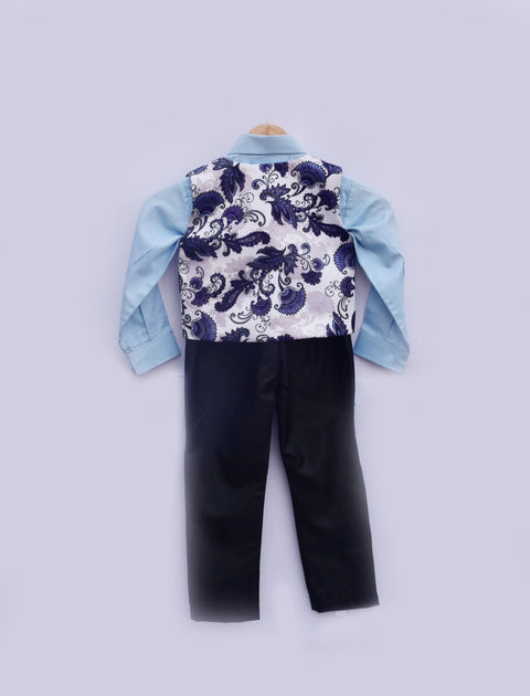 Pre-Order: Printed Waist Coat with Blue Shirt and Black Pant