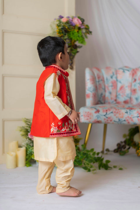 Pre-Order: Embroidered Open Nehru with Beige Kurta Set