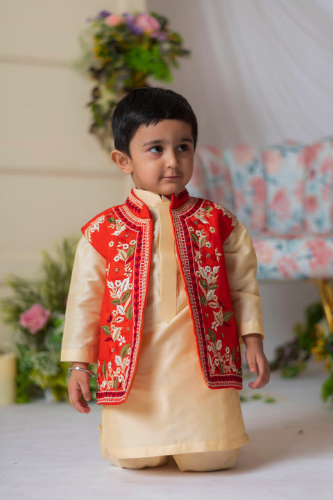 Pre-Order: Embroidered Open Nehru with Beige Kurta Set