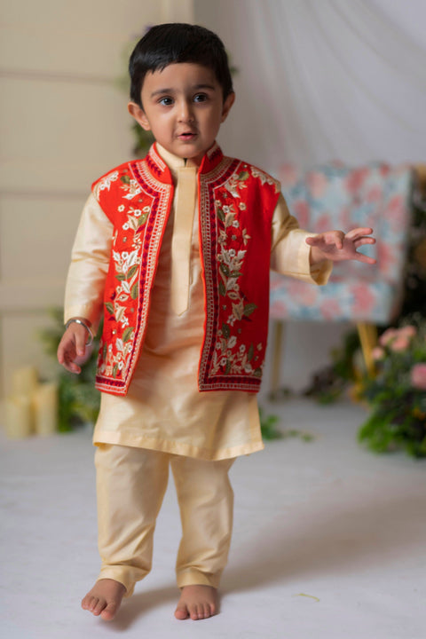 Pre-Order: Embroidered Open Nehru with Beige Kurta Set