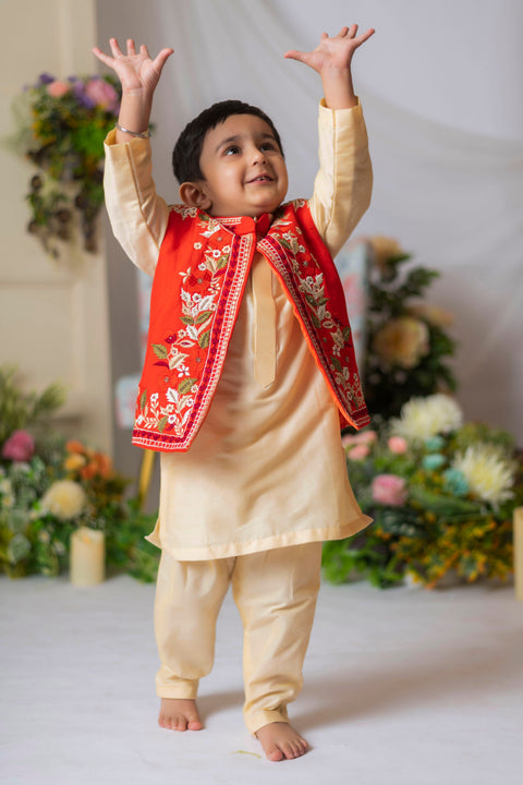 Pre-Order: Embroidered Open Nehru with Beige Kurta Set