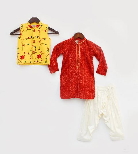 Pre-Order: Red Bandhej Kurta with Yellow Embroidery Jacket and Salwar