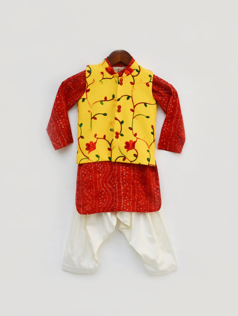 Pre-Order: Red Bandhej Kurta with Yellow Embroidery Jacket and Salwar