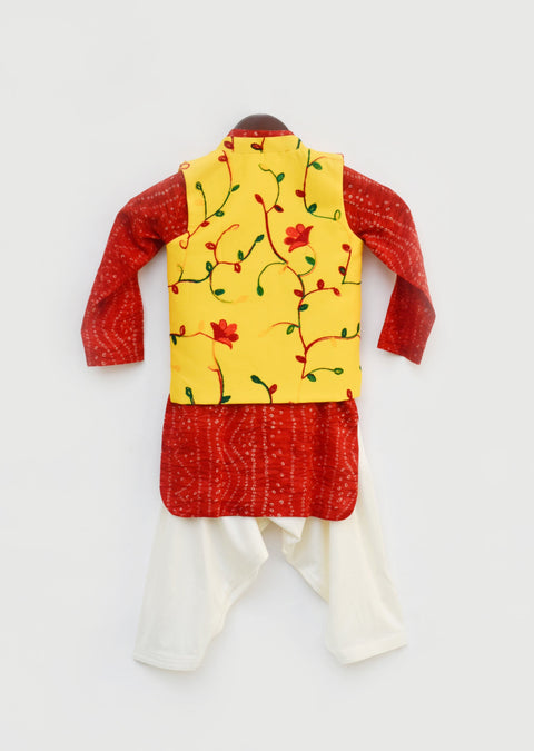 Pre-Order: Red Bandhej Kurta with Yellow Embroidery Jacket and Salwar